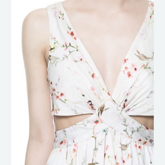Zara Cherry Blossom Floral Bird Print Open Side Cut Out Maxi Dress Small - Picture 2 of 10